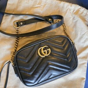Authentic GUCCI Black Quilted Leather Crossbody Bag with Gold Double G Hardware